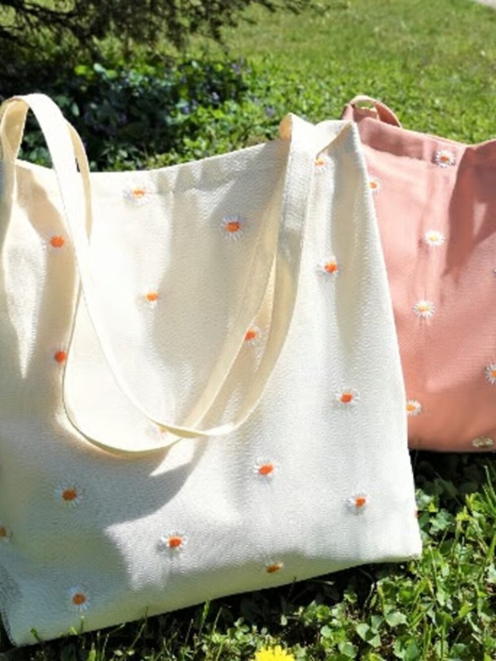 2pc Daisy Tote Bag Pink & Ivory Cute Floral Coquette Aesthetic Shoulder Bag